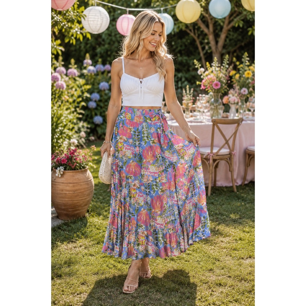Floral High Low Tiered Maxi Skirt Blue Pink Ruffle Garden Party Summer Flowy Med